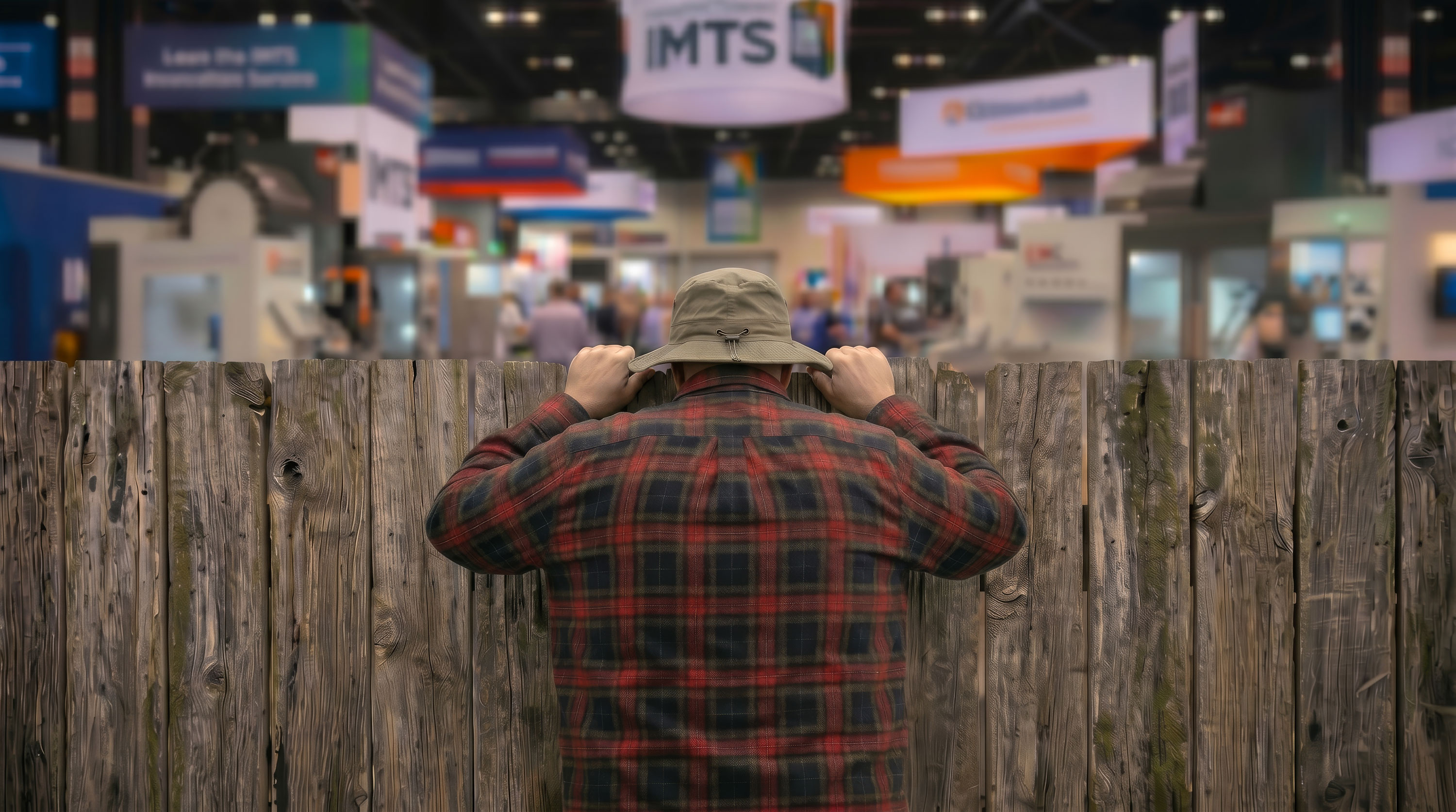 back of man's head with hat and flannel shirt peeking over a fence with tool show in the background